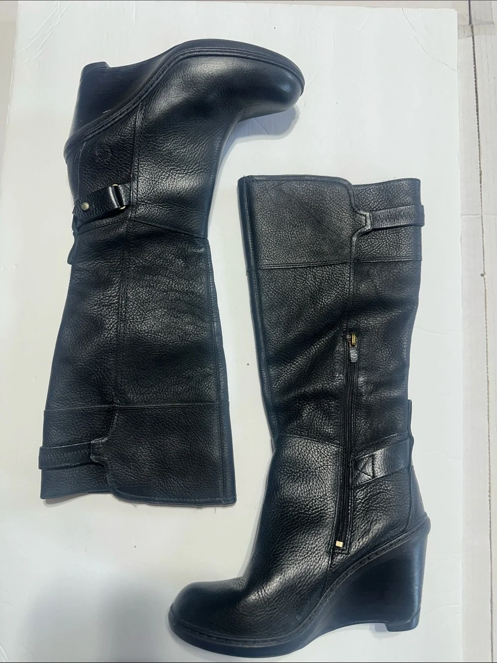 Timberland ion mask technology Black Leather Wedge Knee-High Boots side zipper